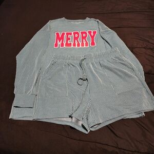 New Merry Corded Striped Womens Christmas Pajamas - Green and White